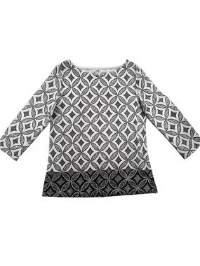Talbots Women’s Medium Black White Geometric Print 3/4 Sleeve Knit Top Stretch